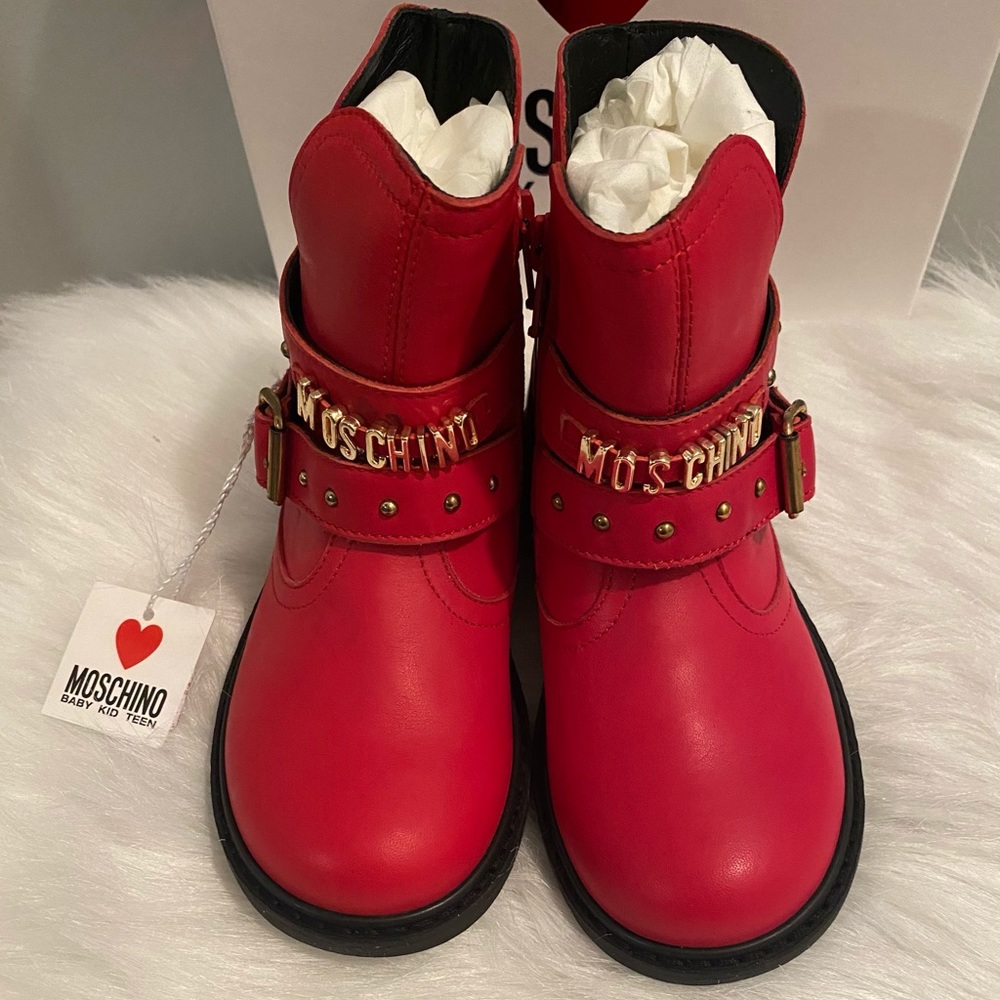 Moschino Kid Rosso Red Leather Motor Boot Size 28